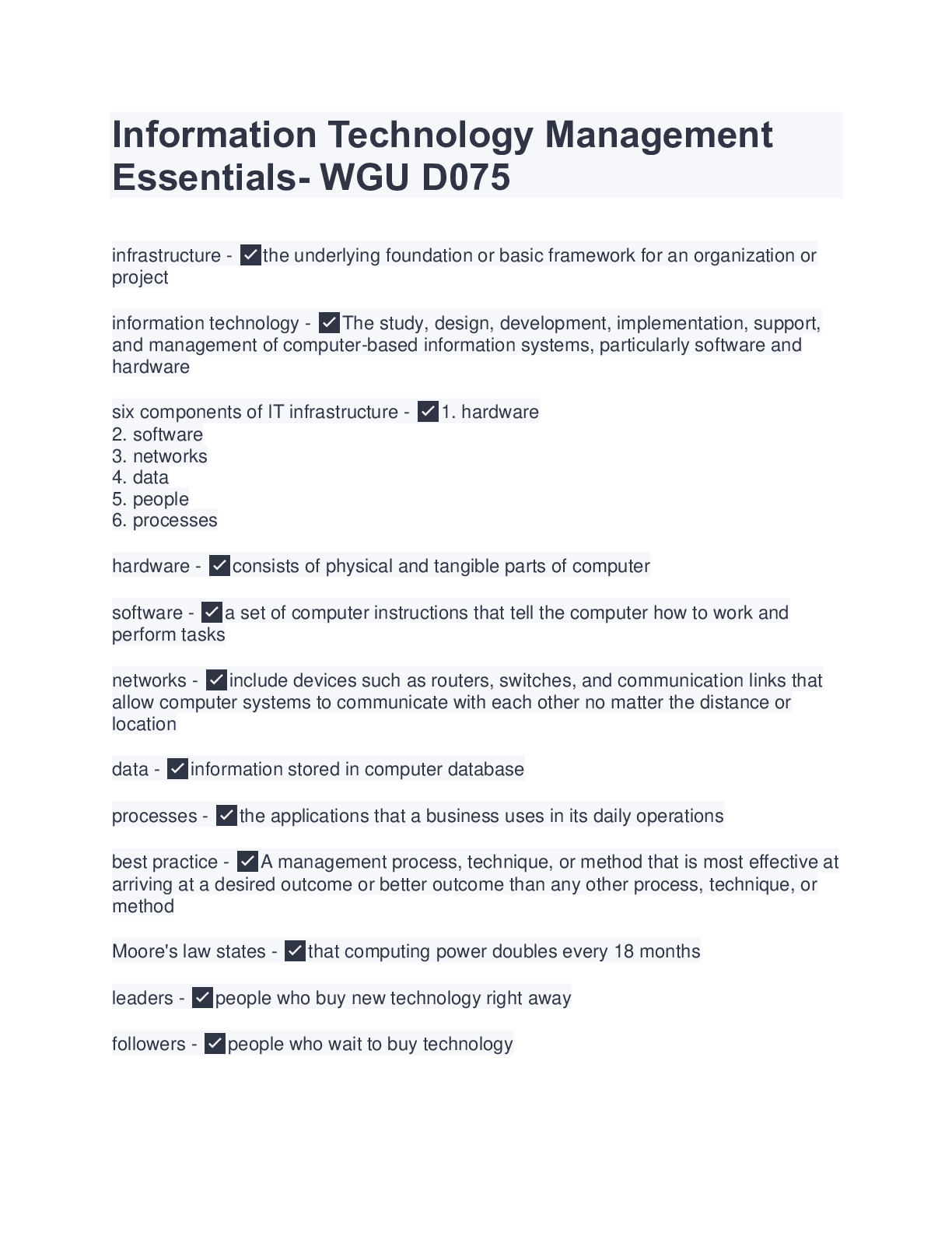 Preview image for WGUD075 Information Technology Management Essentials- WGU D075  
